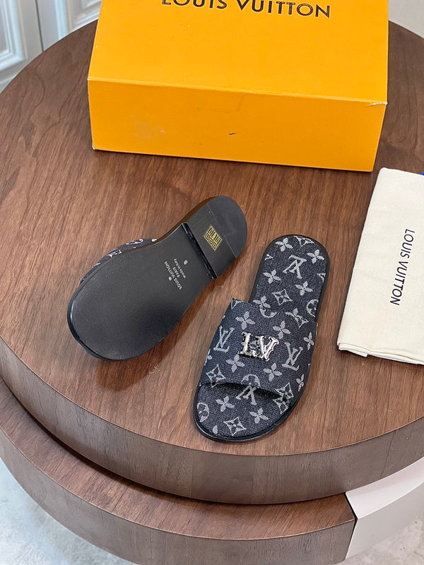 LV MULE IN DENIM NERO CON MONOGRAMMA