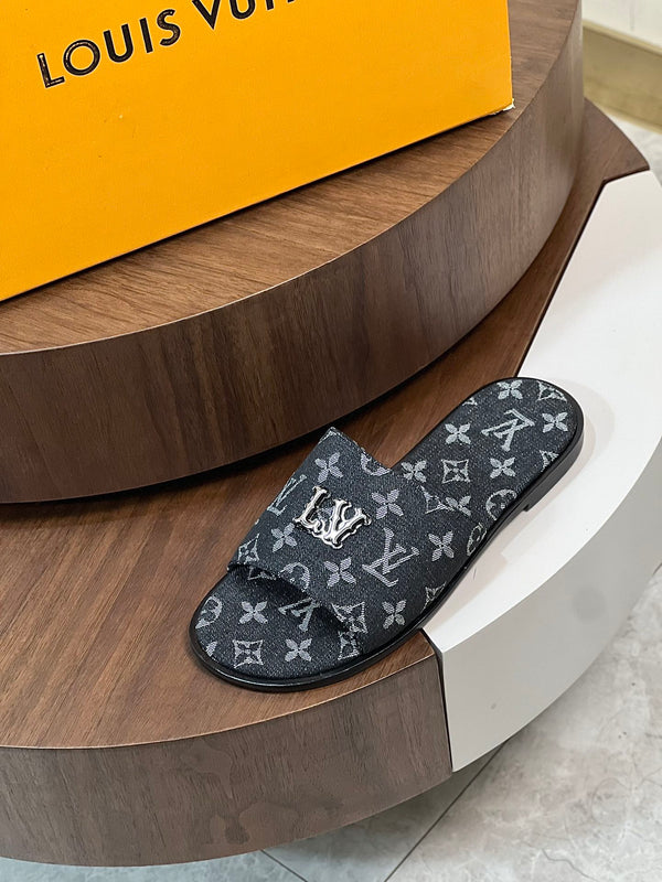 LV MULE IN DENIM NERO CON MONOGRAMMA