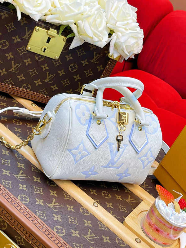 LV Speedy Bandoulière 20 White Blue Monogram Empreinte Leather