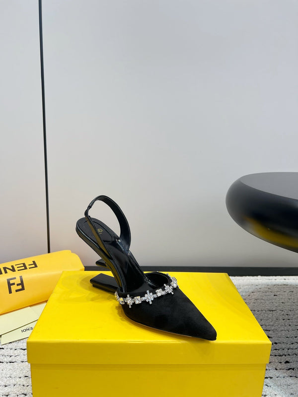 FENDI CRYSTAL HIGH-HEELED SLINGBACK 7 CM IN BLACK  SUEDE