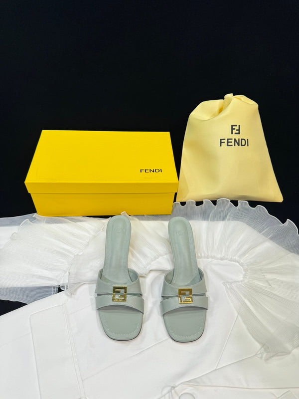 FENDI MEDIUM-HEELED 55 MM MULE IN ASH GREY LAMBSKIN WITH GOLD HARDWARE