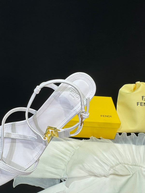 FENDI FFOLD MEDIUM-HEELED 55 MM SANDALS IN WHITE LAMBSKIN WITH GOLD HARDWARE
