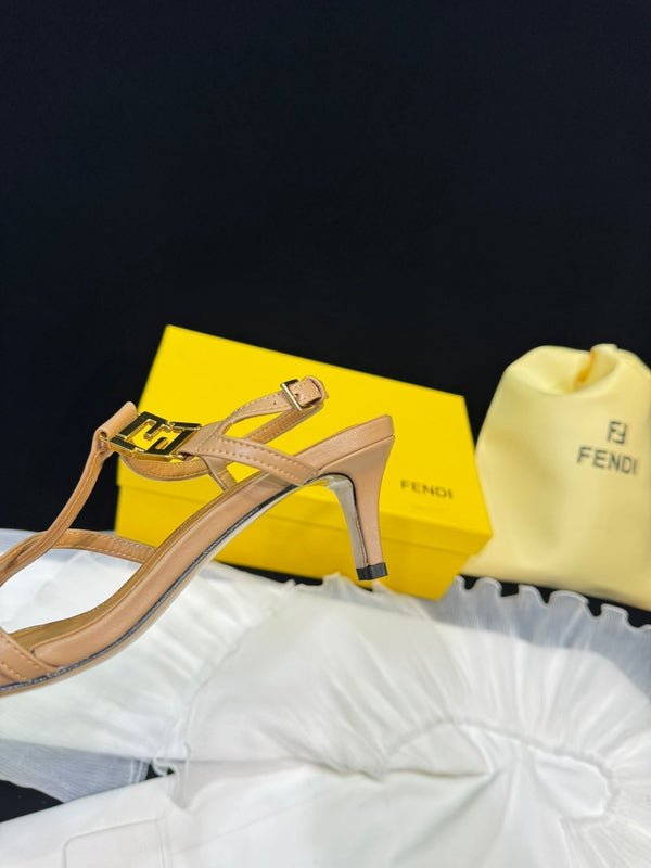 FENDI FFOLD MEDIUM-HEELED 55 MM SANDALS IN BRONZE BROWN LAMBSKIN WITH GOLD HARDWARE