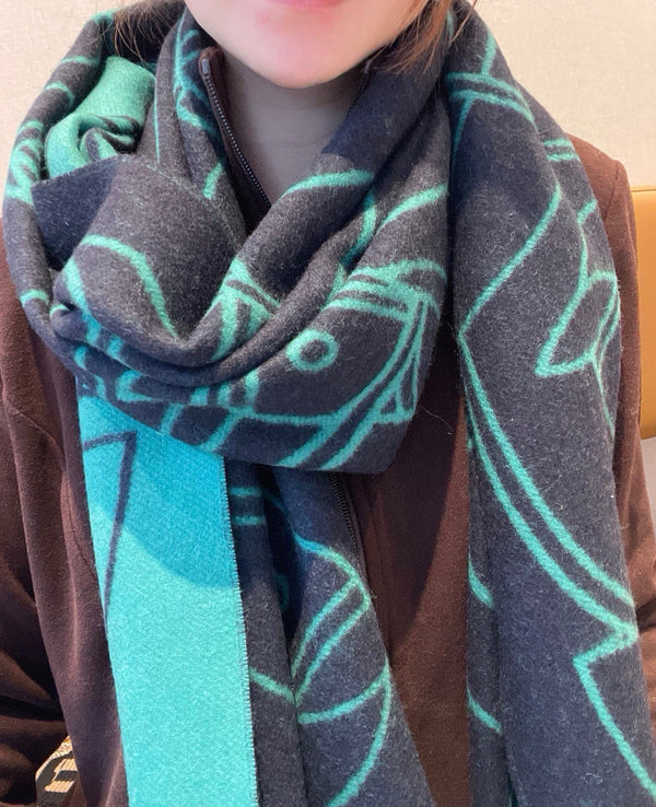 Casaque Entrelacs Equestres Scarf 195 CM Black Mix Jade Green Cashmere