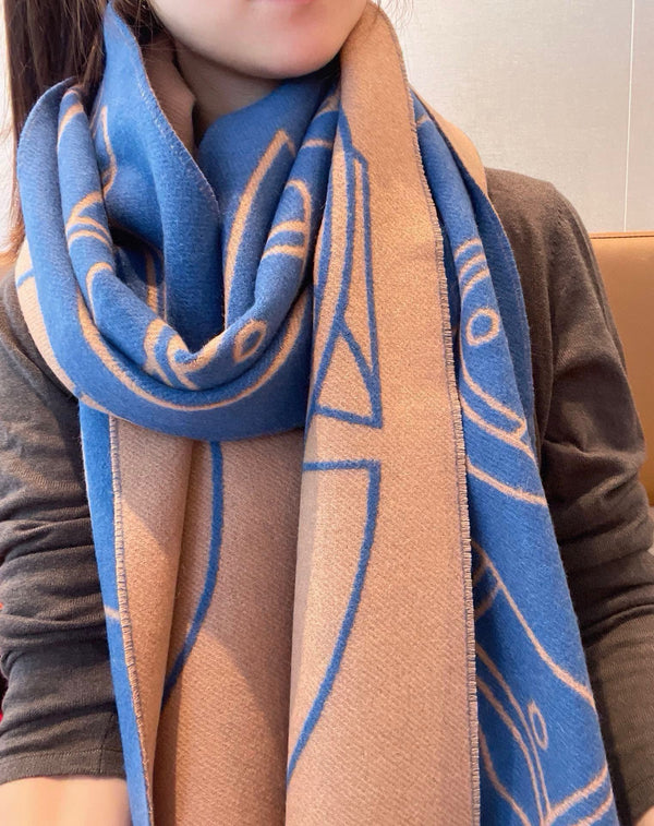 Casaque Entrelacs Equestres Scarf 195 CM Blue Mix Light Brown Cashmere