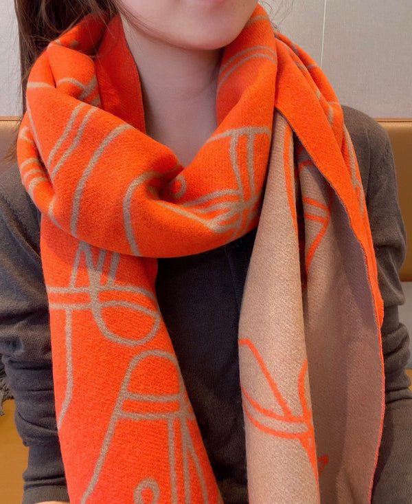 Casaque Entrelacs Equestres Scarf 195 CM Orange Mix Light Brown Cashmere