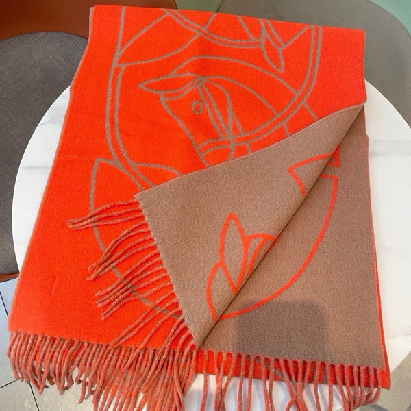 Casaque Entrelacs Equestres Scarf 195 CM Orange Mix Light Brown Cashmere