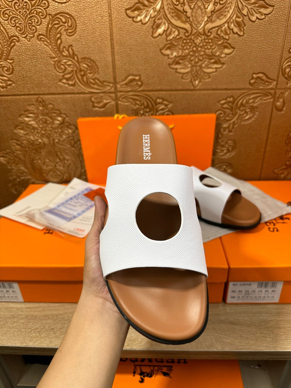 HM CIRCLE CUT SANDAL WHITE AND CARAMEL CALFSKIN