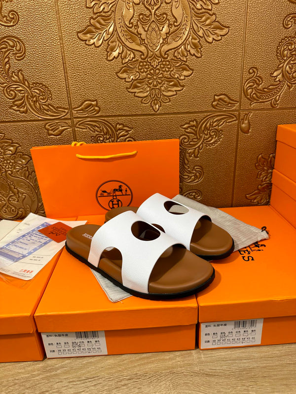 HM CIRCLE CUT SANDAL WHITE AND CARAMEL CALFSKIN