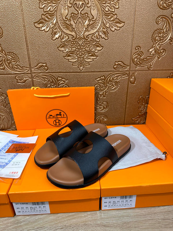 HM CIRCLE CUT SANDAL BLACK AND CARAMEL CALFSKIN