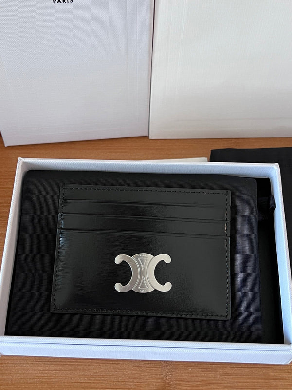 TRIOMPHE Card Holder Black Sliver Cowhide& Fabric