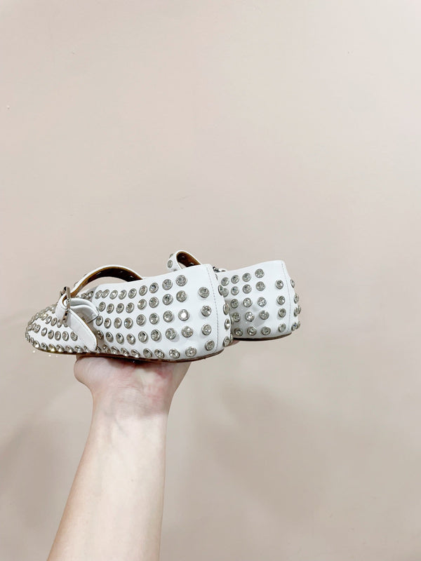 ALAIA MARY JANE SHOES IN WHITE LAMBKIN ATTACH RHINSTONES