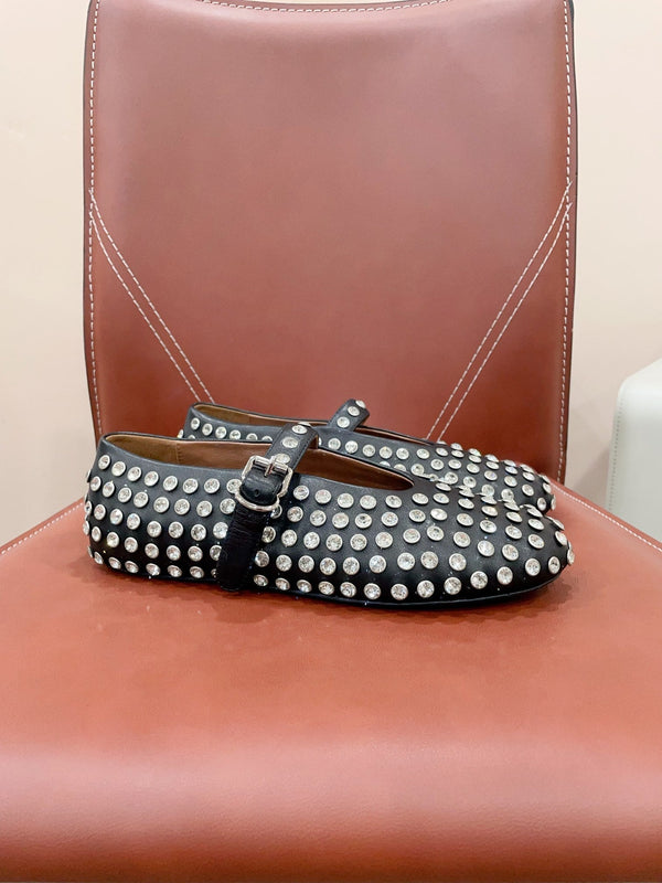 ALAIA MARY JANE SHOES IN BLACK LAMBKIN ATTACH RHINSTONES