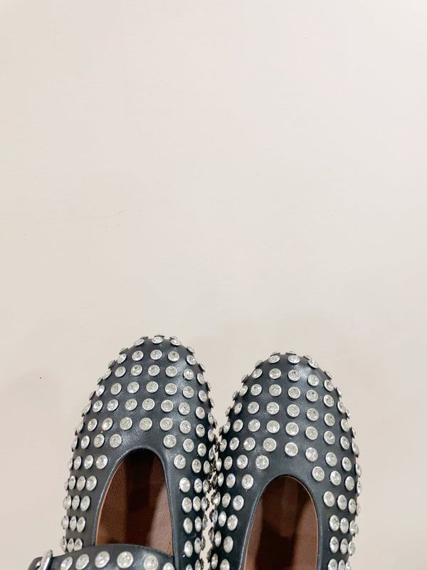 ALAIA MARY JANE SHOES IN BLACK LAMBKIN ATTACH RHINSTONES
