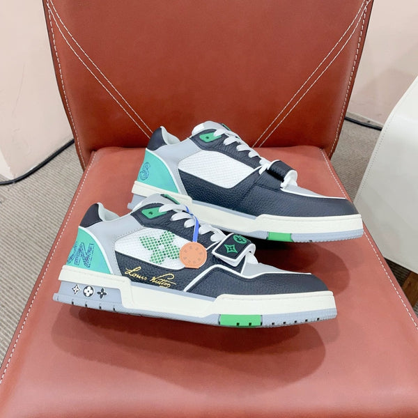 LV Trainer Sneaker con cinturino in velcro verde nero in pelle bovina