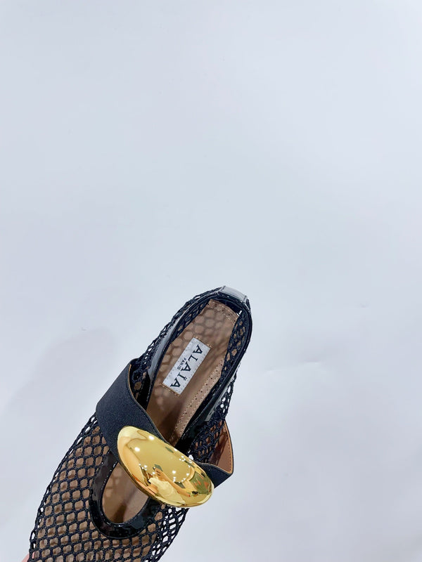 ALAIA MARY JANE SHOES IN BLACK MESH WITH GOLD HARDWARE