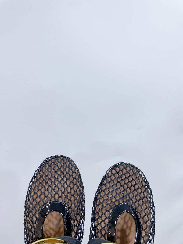 ALAIA MARY JANE SHOES IN BLACK MESH WITH GOLD HARDWARE