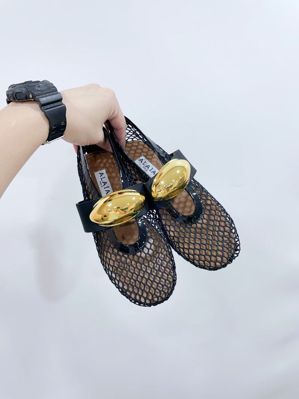 ALAIA MARY JANE SHOES IN BLACK MESH WITH GOLD HARDWARE