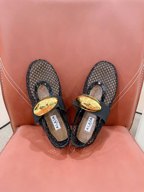 ALAIA MARY JANE SHOES IN BLACK MESH WITH GOLD HARDWARE
