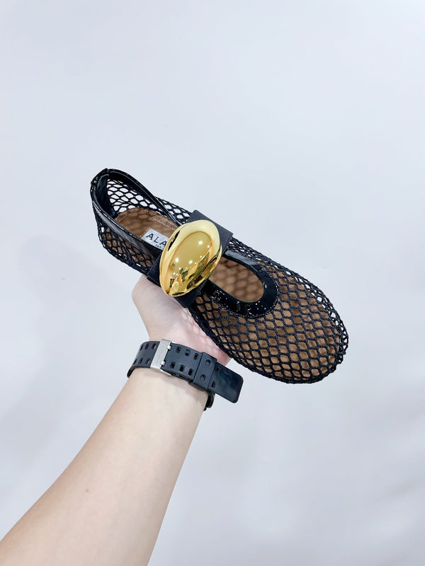ALAIA MARY JANE SHOES IN BLACK MESH WITH GOLD HARDWARE