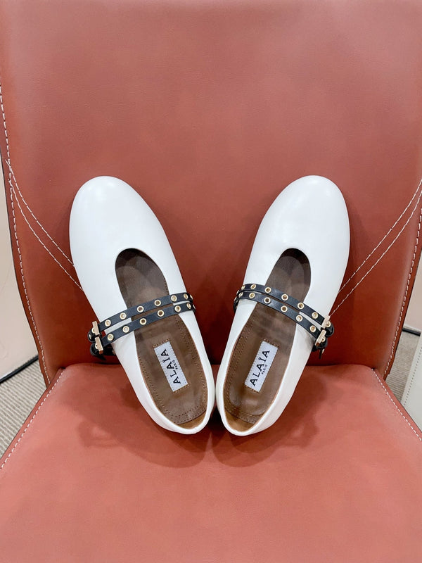 ALAIA MARY JANE SHOES IN WHITE LAMBSKIN WITH GOLD HARDWARE