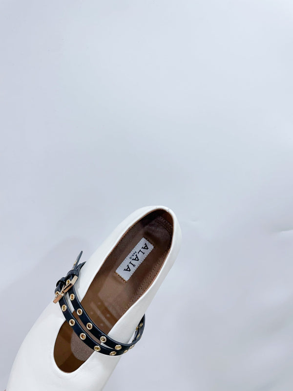 ALAIA MARY JANE SHOES IN WHITE LAMBSKIN WITH GOLD HARDWARE