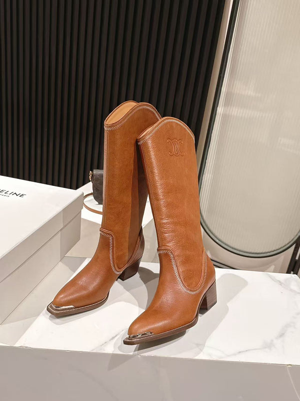 CELINE 25 Mid Calf Cowboy Boots Caramel Brown Cowhide