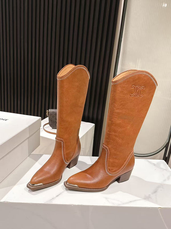CELINE 25 Mid Calf Cowboy Boots Caramel Brown Cowhide