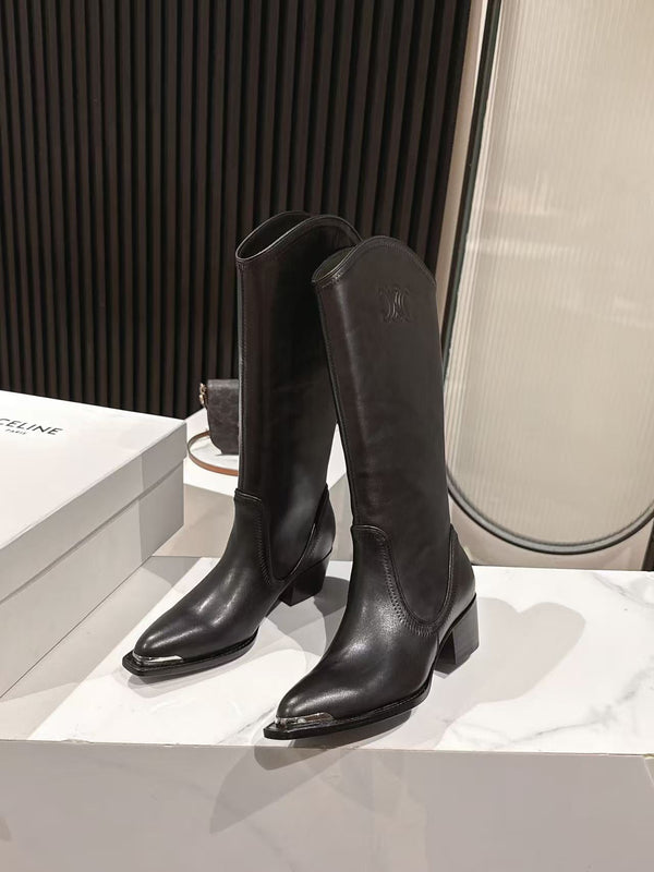 CELINE 25 Mid Calf Cowboy Boots Black Calfskin