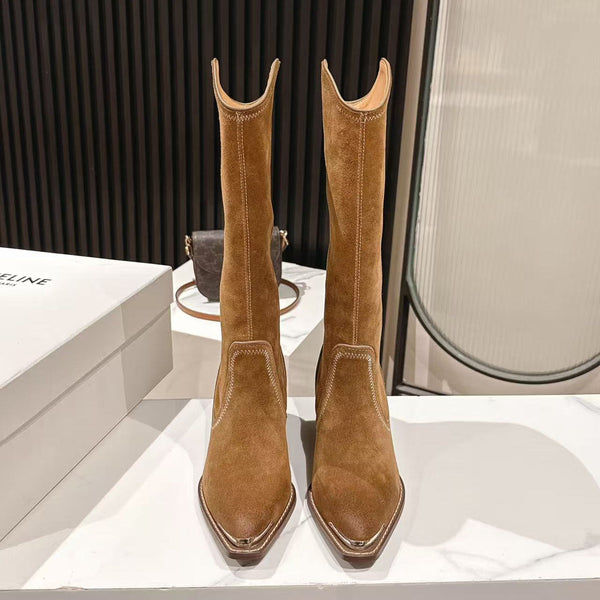 CELINE 25 Mid Calf Cowboy Boots Brown Suede 434425