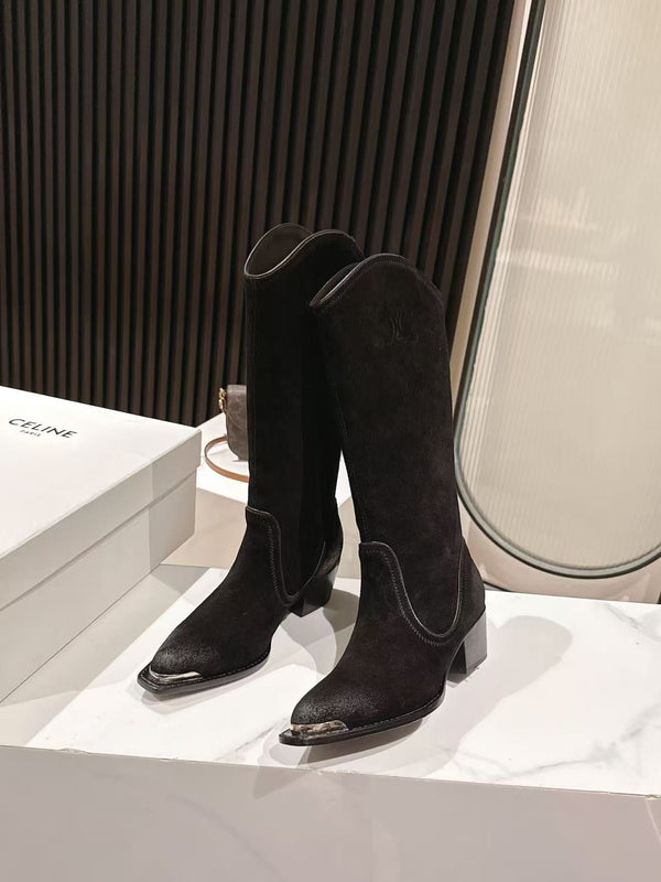 CELINE 25 Mid Calf Cowboy Boots Black Suede 434426