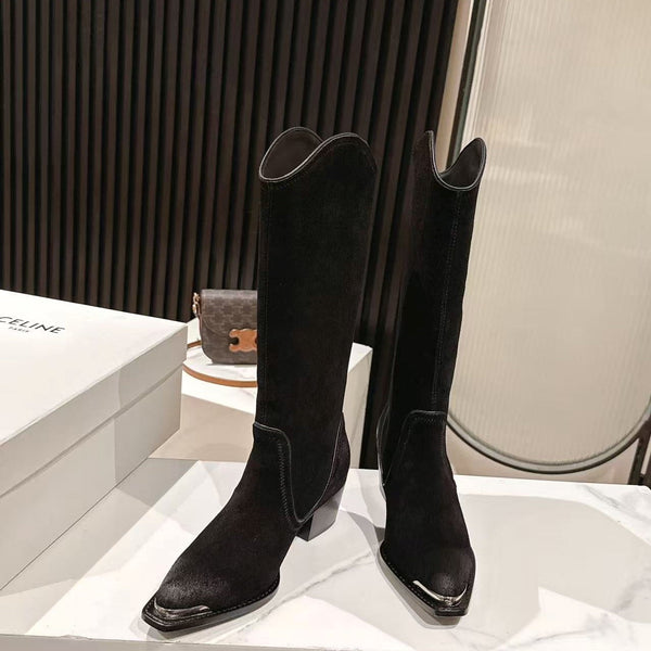 CELINE 25 Mid Calf Cowboy Boots Black Suede 434426