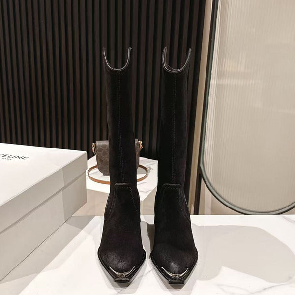 CELINE 25 Mid Calf Cowboy Boots Black Suede 434426