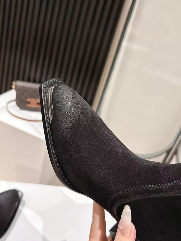 CELINE 25 Mid Calf Cowboy Boots Black Suede 434426