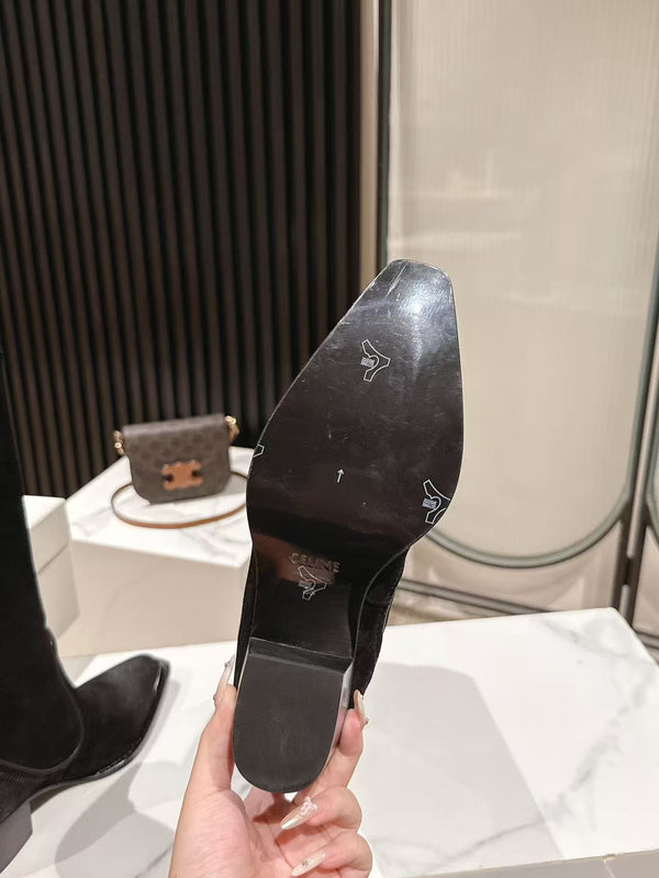 CELINE 25 Mid Calf Cowboy Boots Black Suede 434426