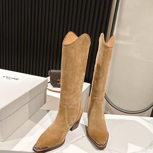 CELINE 25 Mid Calf Cowboy Boots Light Brown Suede
