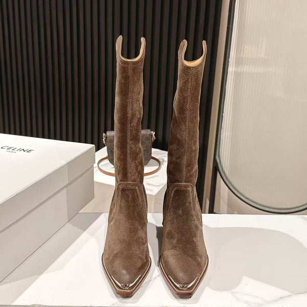 CELINE 25 Mid Calf Cowboy Boots Dark Brown Suede