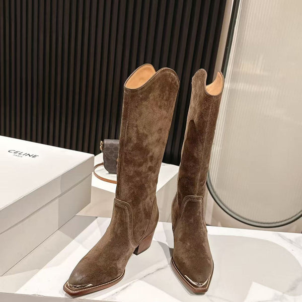 CELINE 25 Mid Calf Cowboy Boots Dark Brown Suede