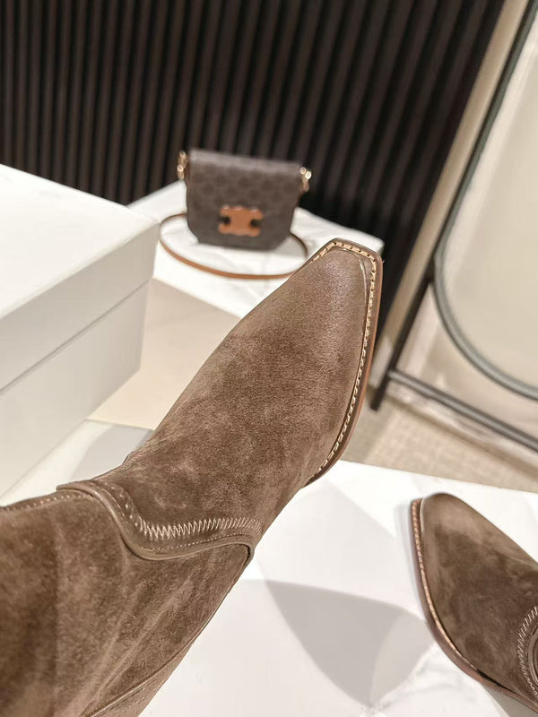 CELINE 25 Mid Calf Cowboy Boots Dark Brown Suede