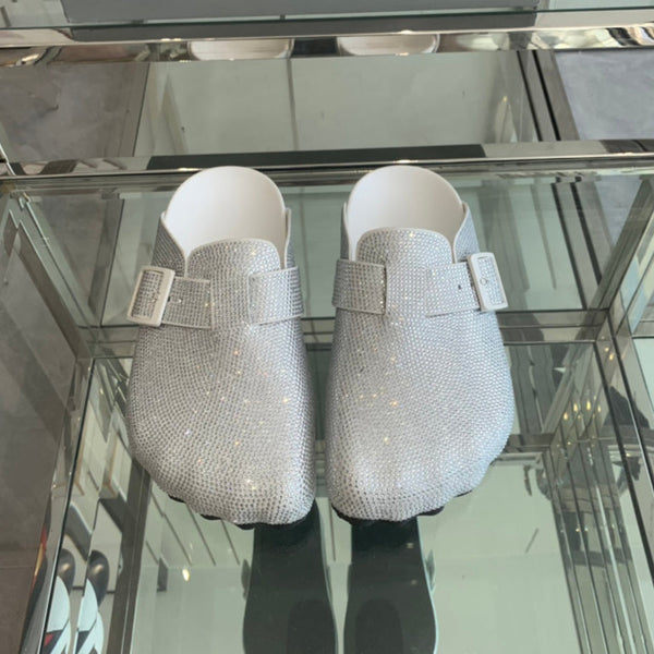 BIRKENSTOCK CLOG ATTACHED RHINESTONES IN WHITE CALFSKIN