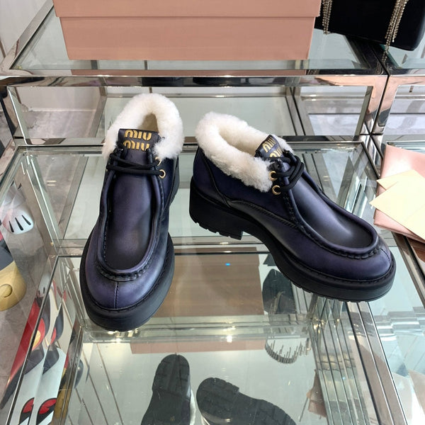 Miu Ankle Boots Charcoal Blue Open-Hemmed Cowhide