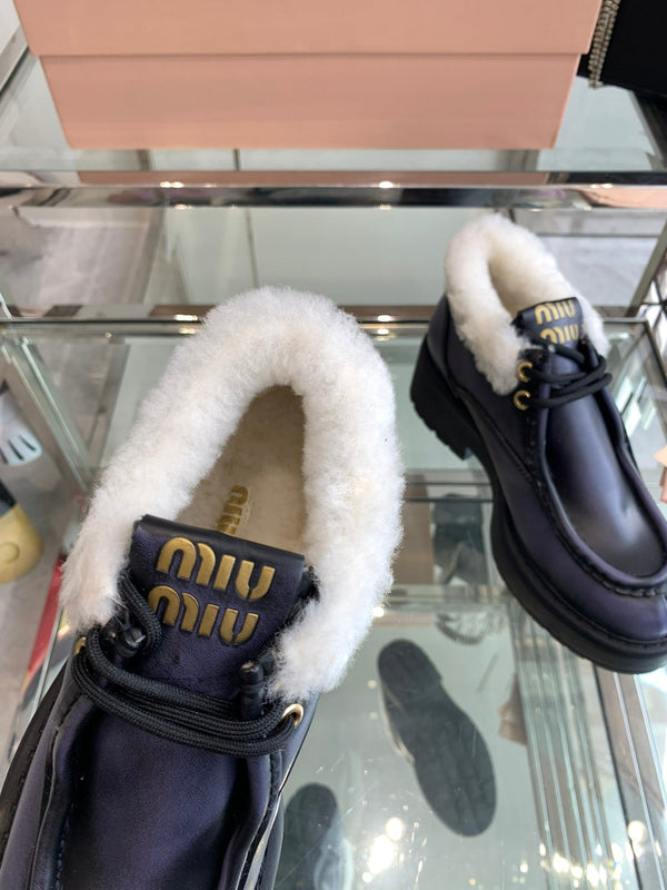 Miu Short Wool Boots Plain Dark Charcoal Open-Hemmed Cowhide