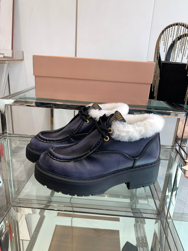 Miu Ankle Boots Charcoal Blue Open-Hemmed Cowhide