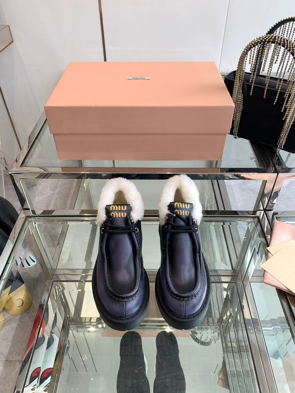 Miu Short Wool Boots Plain Dark Charcoal Open-Hemmed Cowhide