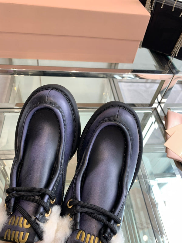 Miu Ankle Boots Charcoal Blue Open-Hemmed Cowhide