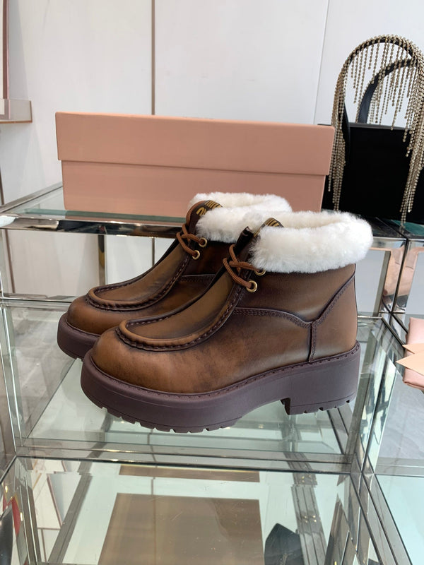 Miu Ankle Boots Earth Brown Open-Hemmed Cowhide