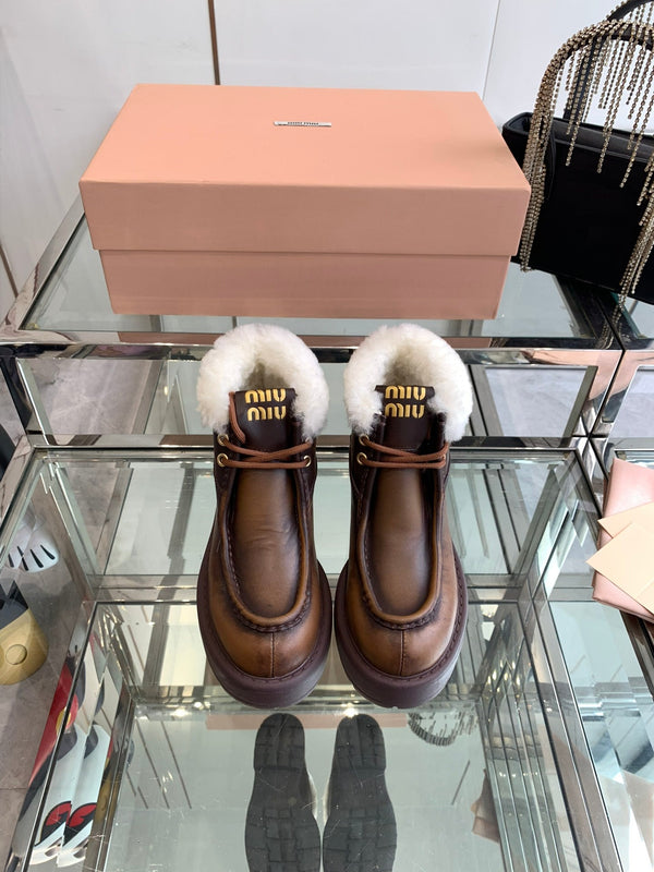 Miu Ankle Boots Earth Brown Open-Hemmed Cowhide