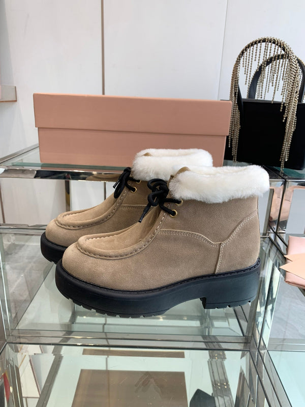 Miu Short Wool Boots Khaki Brown Open-Hemmed Cowhide