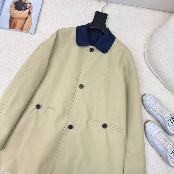 Miu Miu 25 Mid-length Trench Coat Blue Beige Cotton Polyester