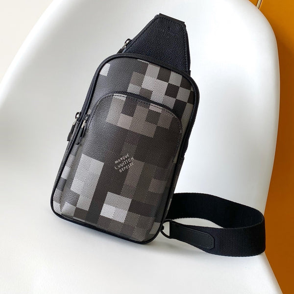 Lv Avenue Slingbag Black Damoflage Black Canvas- Black Metal